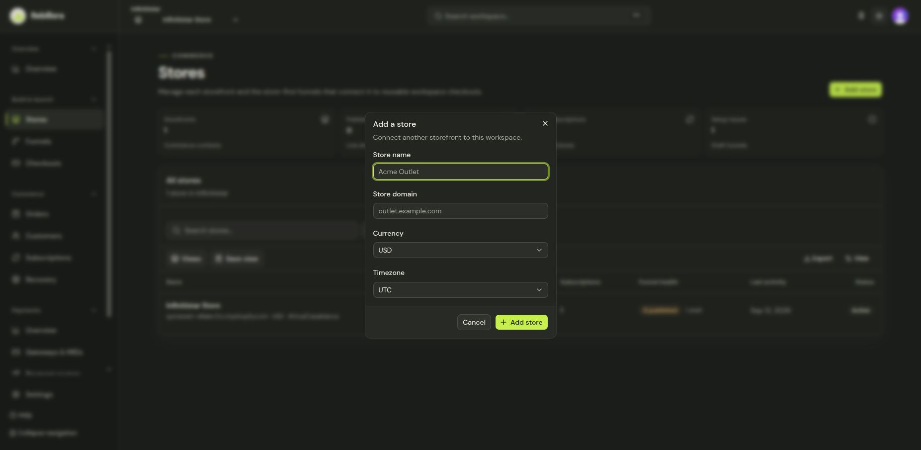 Add a store dialog showing name, domain, currency, and timezone fields