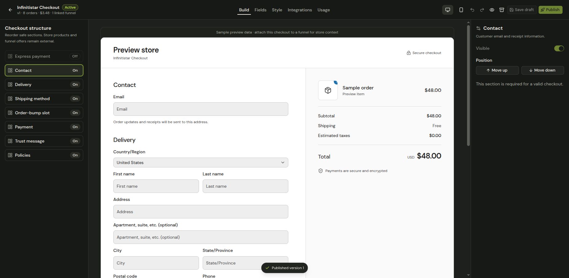 Checkout builder with section controls, desktop preview, and section settings