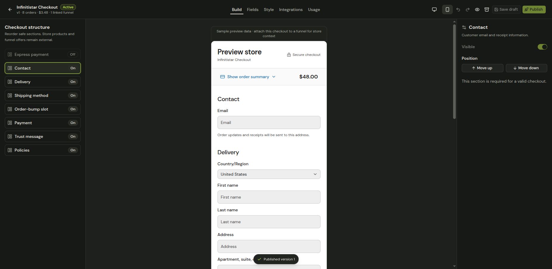 Checkout builder with the mobile preview selected