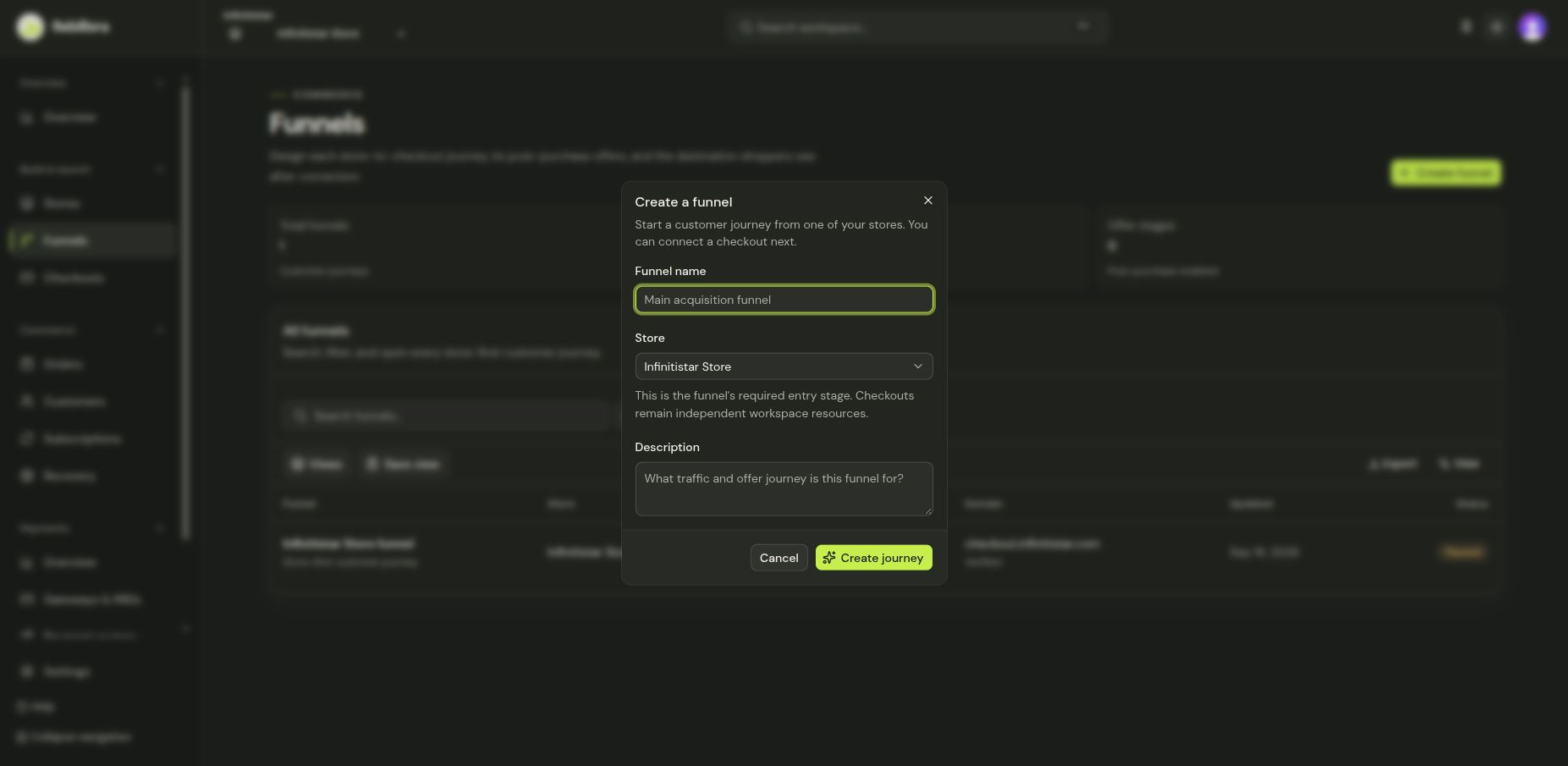Create a funnel dialog showing funnel name, store, and description fields