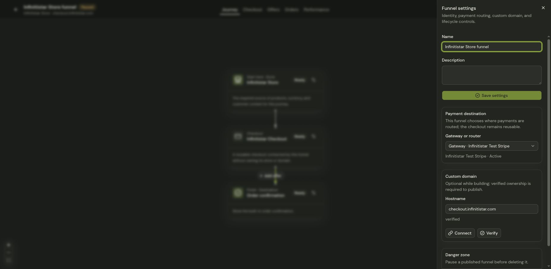 Funnel settings showing payment destination and a verified custom hostname