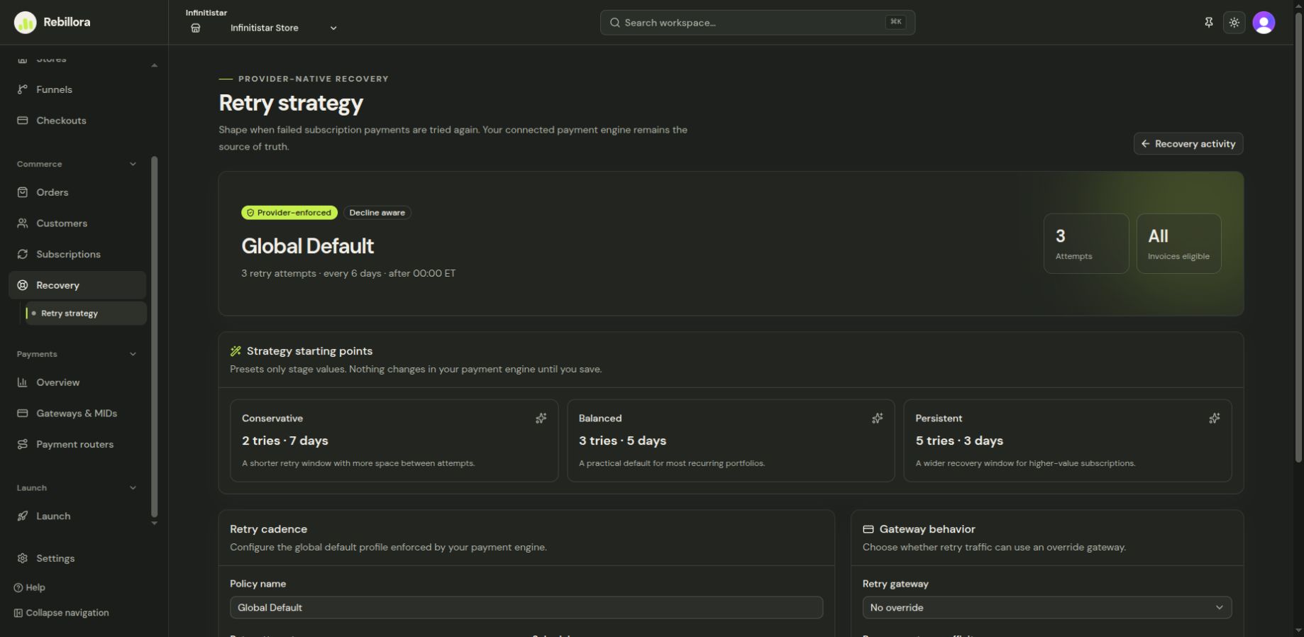 Retry strategy with presets, cadence, eligible invoice percentage, and gateway behavior